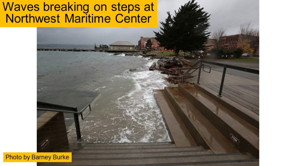 There was a higher than average predicted tide on November 5th (9.1′ predicted), along with a low pressure system and southeasterly winds that gave us another chance to visualize the higher sea levels that will become more often in the future due to global sea level rise, and a few of Local 20/20’s Climate Action Group volunteers were out there to capture it. You can learn more about the project in this post. The photos from the project are shared on the MyCoast website (you can zoom in on the map to find the Port Townsend photos.)